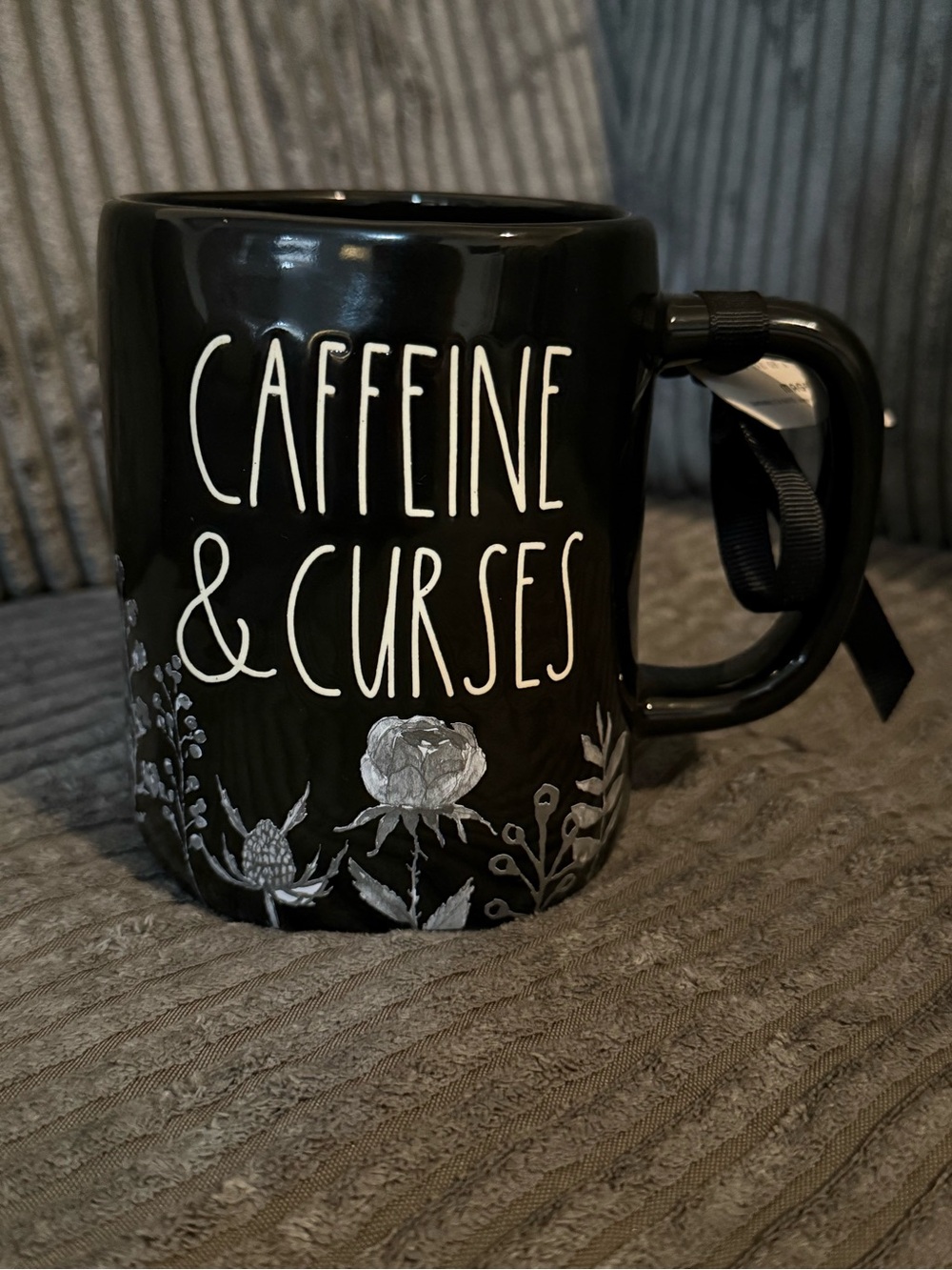 Rae Dunn Black & White 'Caffeine & Curses' Ceramic Mug w Floral Pattern NWT
